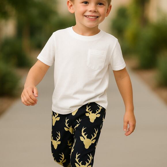 5/$35 Deer Buck Head Print Pants Sz 100 3 Black Cream Screen Print Elastic Waist - Picture 1 of 10